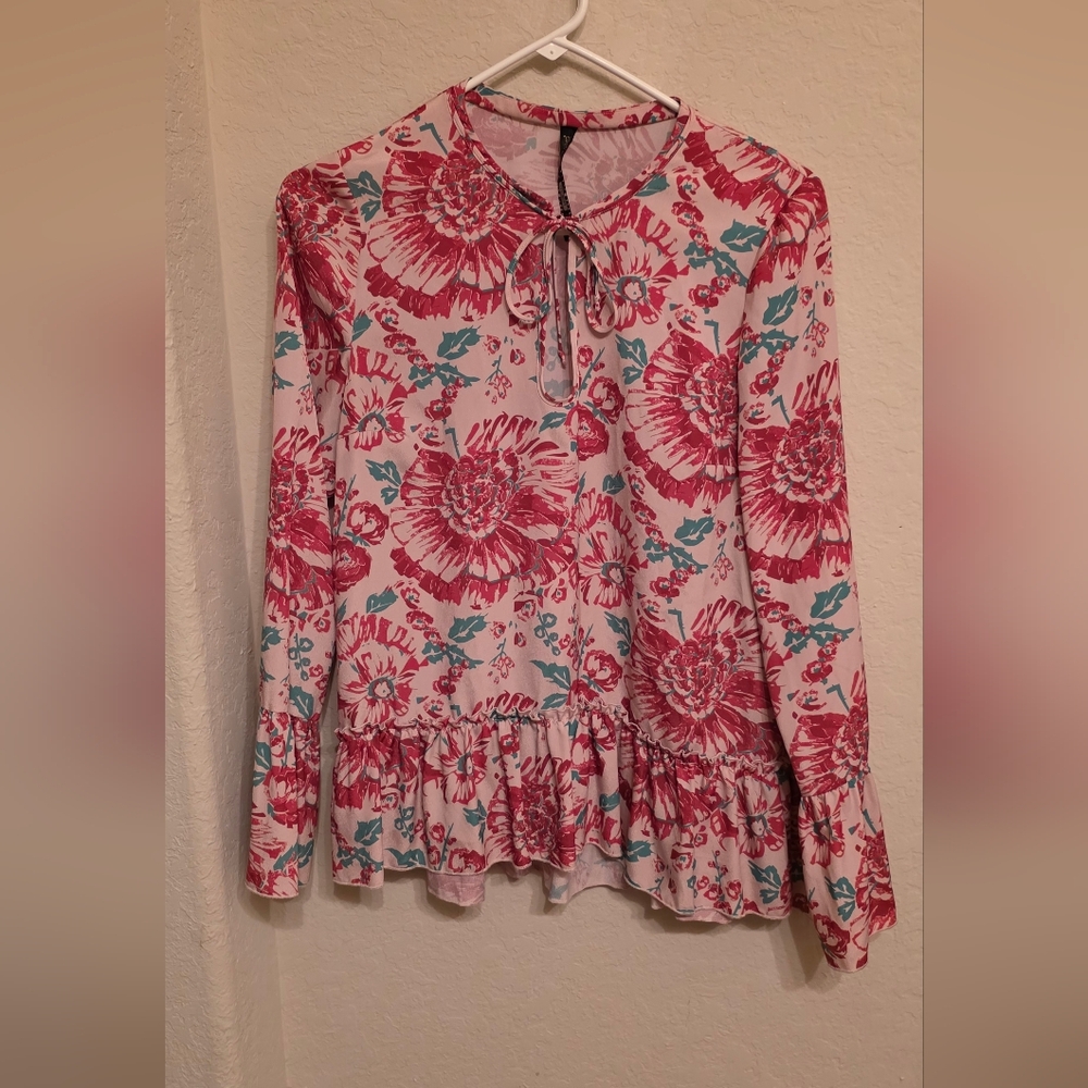 Tracy Reese Pink and Green Floral Blouse, MEDIUM